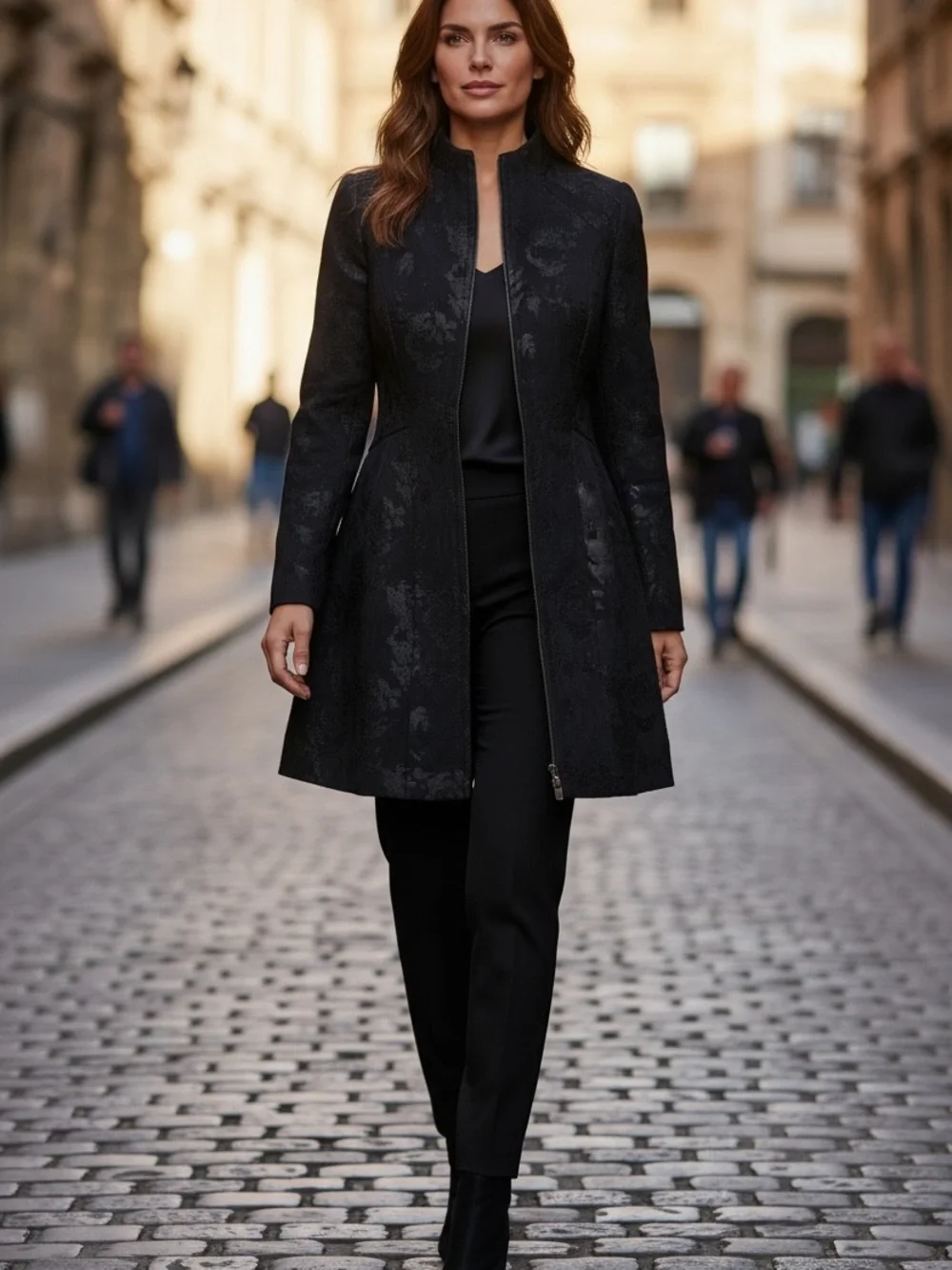 Nanette Lepore Black Floral Jacquard Pea Coat - Picture 2 of 6
